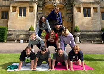 student pyramid outside Harlaxton manor