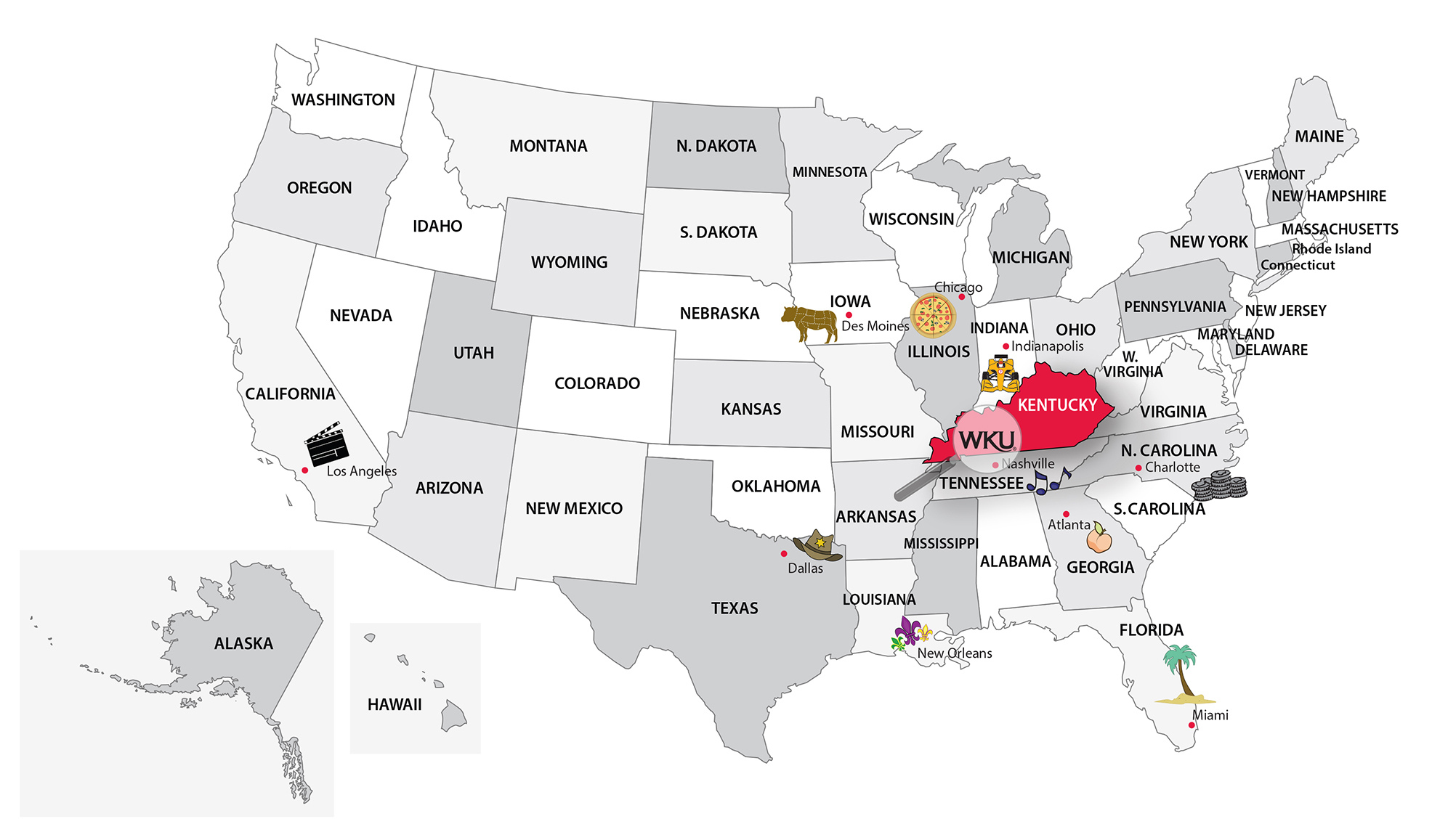 US Map that shows location of Bowling Green, KY