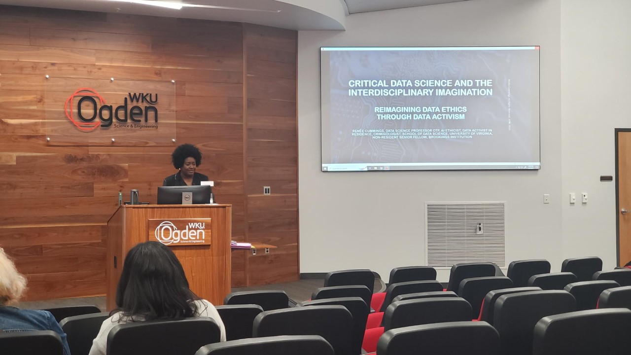Renée Cummings, plenary speaker Renée Cummings giving a presentation.