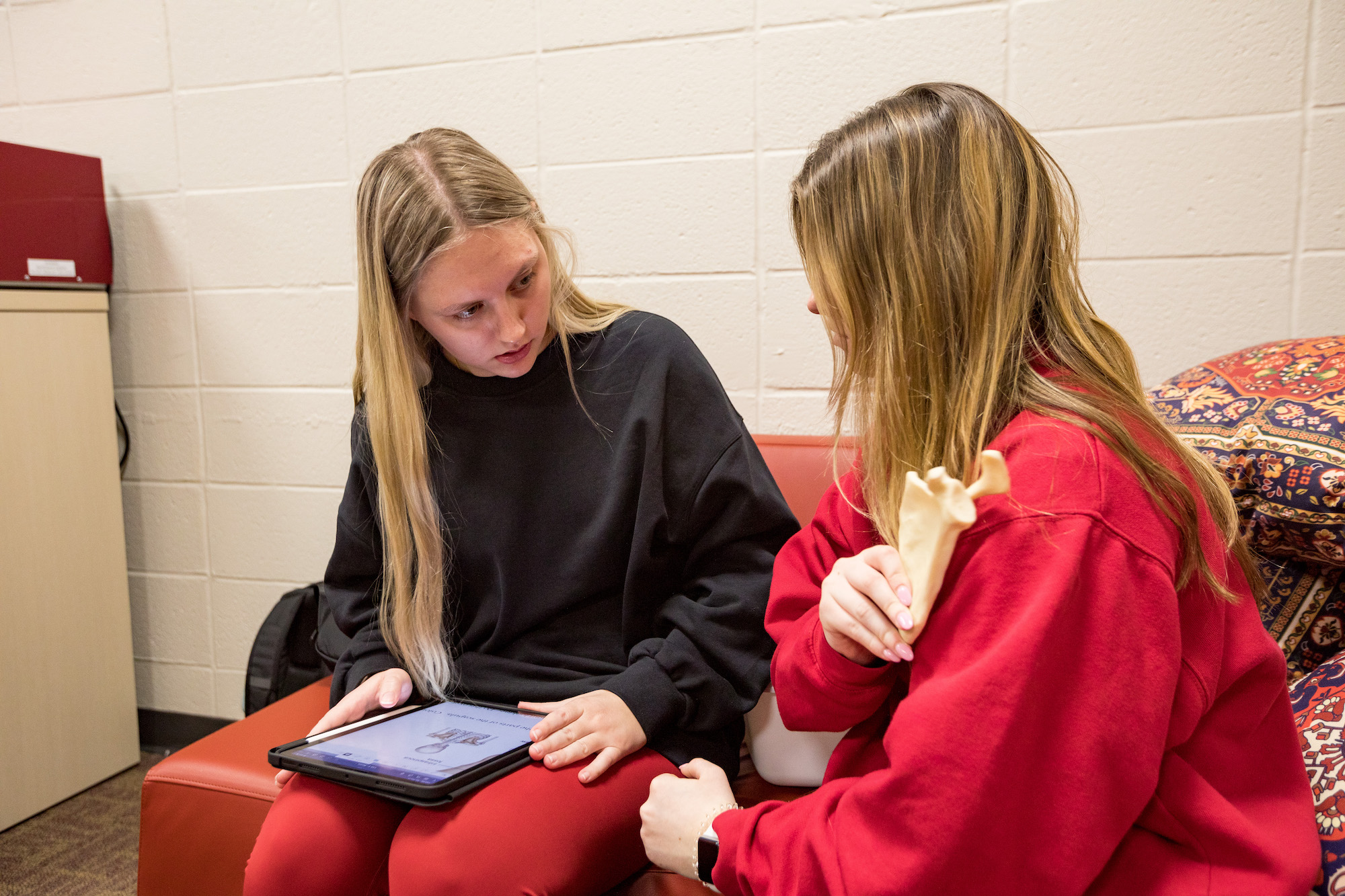 2 WKU students study bones together in a study lounge.