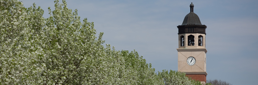 Photo of Guthrie Tower in the spring by Clinton Lewis.