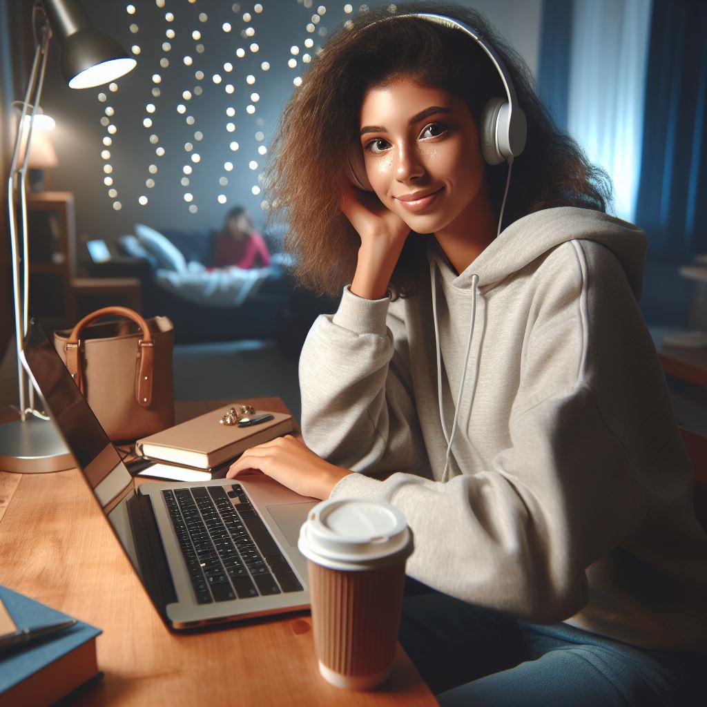 AI generated image of a student studying in their dorm room