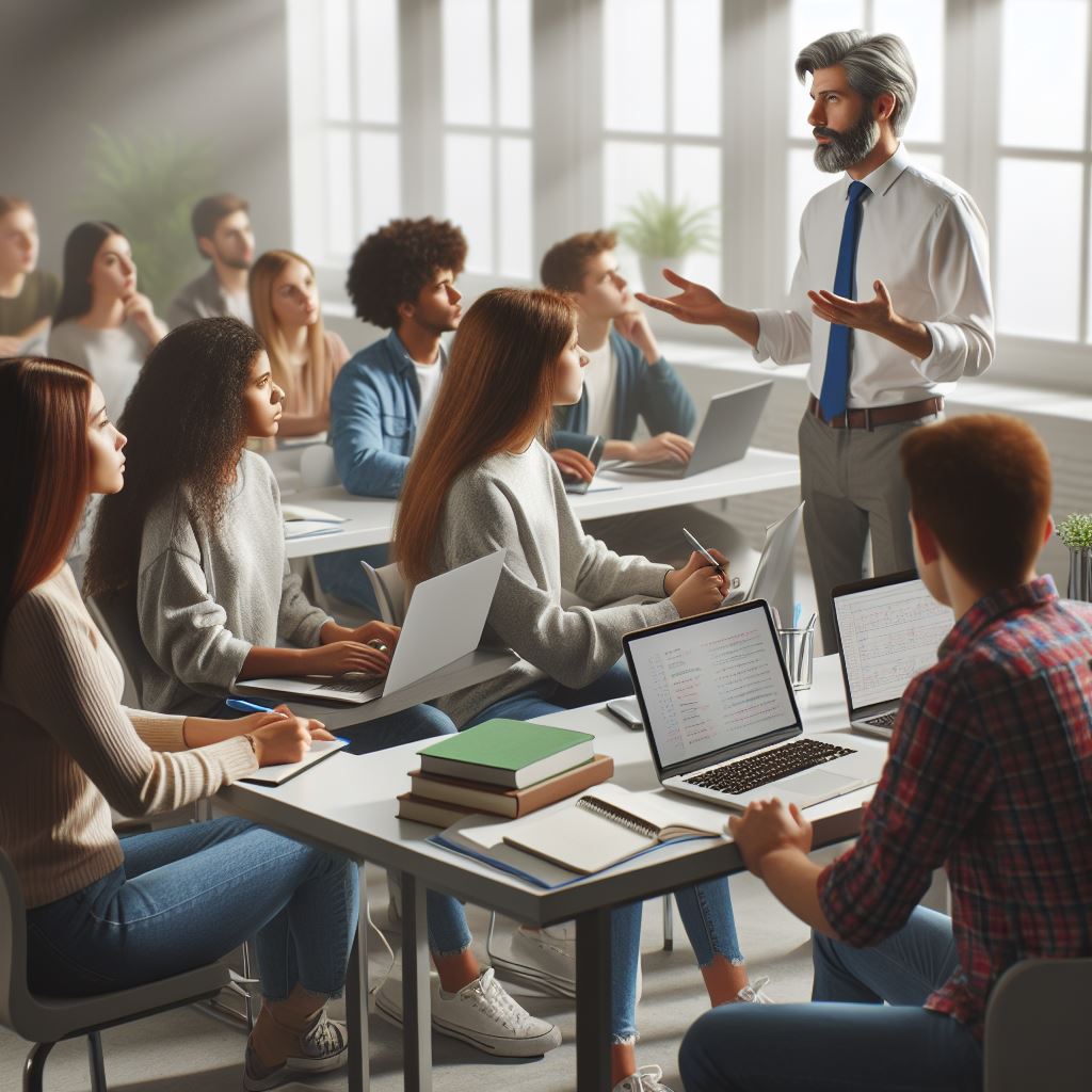 AI generated image of a teacher with a classroom