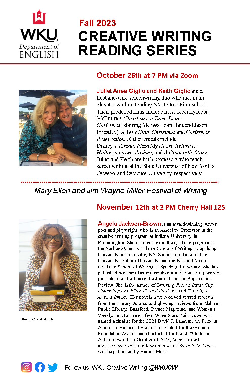 Poster for the Spring 2023 Creative Writing Reading Series. Information listed on the webpage.