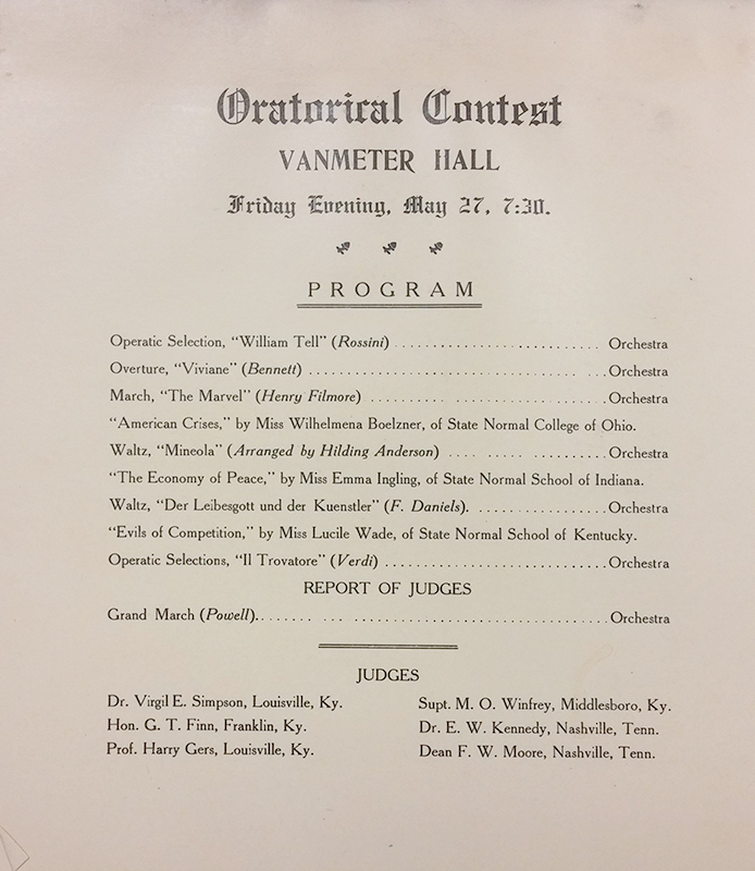 1910 program for the first known intercollegiate oratorical contest at which the Western Kentucky State Normal School competed (they also hosted) 1910 program for the first known intercollegiate oratorical contest at which the Western Kentucky State Normal School competed (they also hosted)