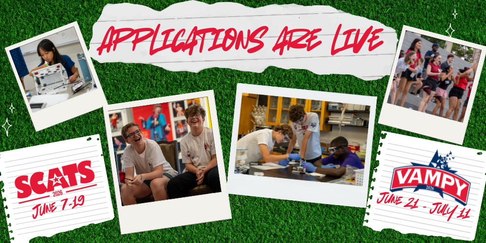 graphic image reading "Applications are Live" for SCATS and VAMPY summer camps