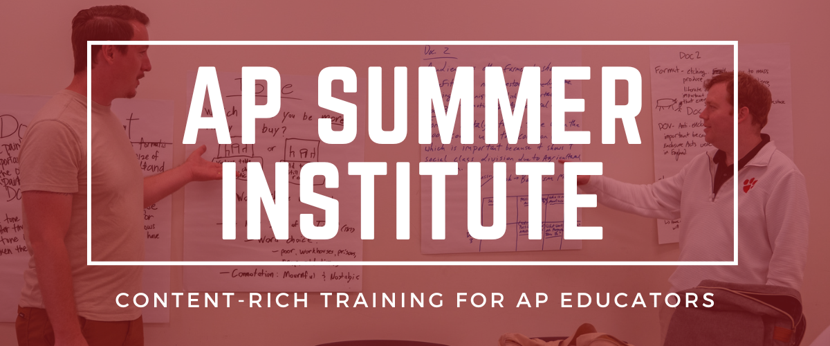 red graphic reading AP Summer Institute in large white letters in a white box, below reads content-rich training for AP educators