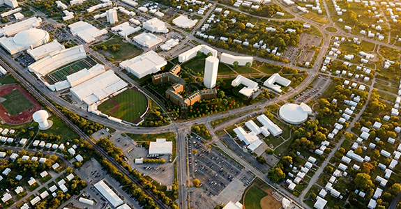 New hall rendering aerial with context