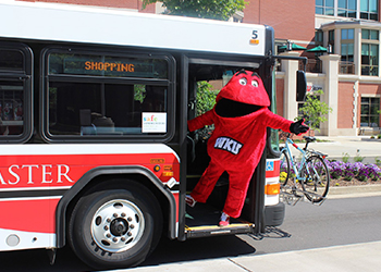 Big Red riding the shuttle bus