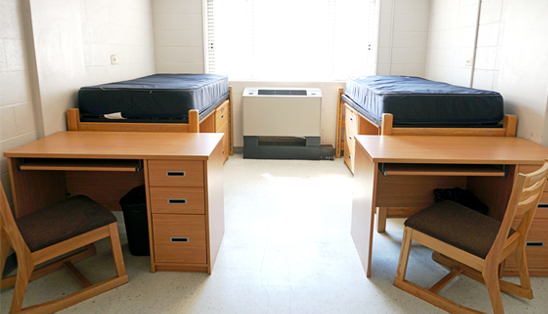 Room with furniture arranged in two equal sets on the left and ride side of the room