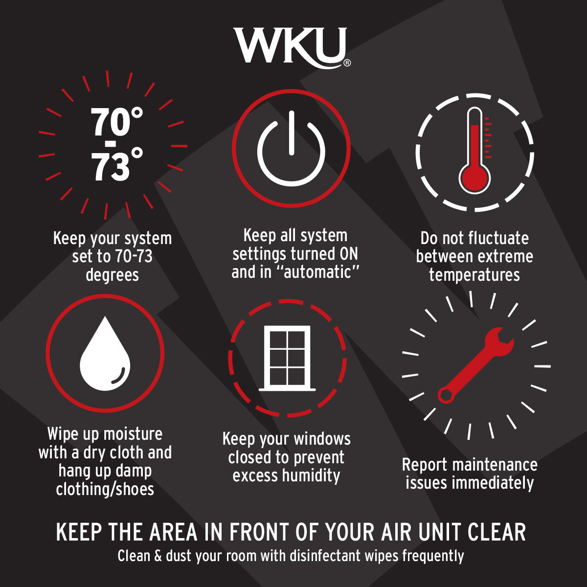 Keep your system set to 70-73 degrees. Keep all ssytem settings turned on and in "automatic." Do not fluctuate between extreme temperatures. Wipe up moisutre with a dry cloth and hang up damp clothing/shoes. Keep your windows closed to prevent excess humidity. Report maintenance issues immediately. Keep the area in front of your air unit clear. Clean and dust your room with disinfectant wipes frequently.