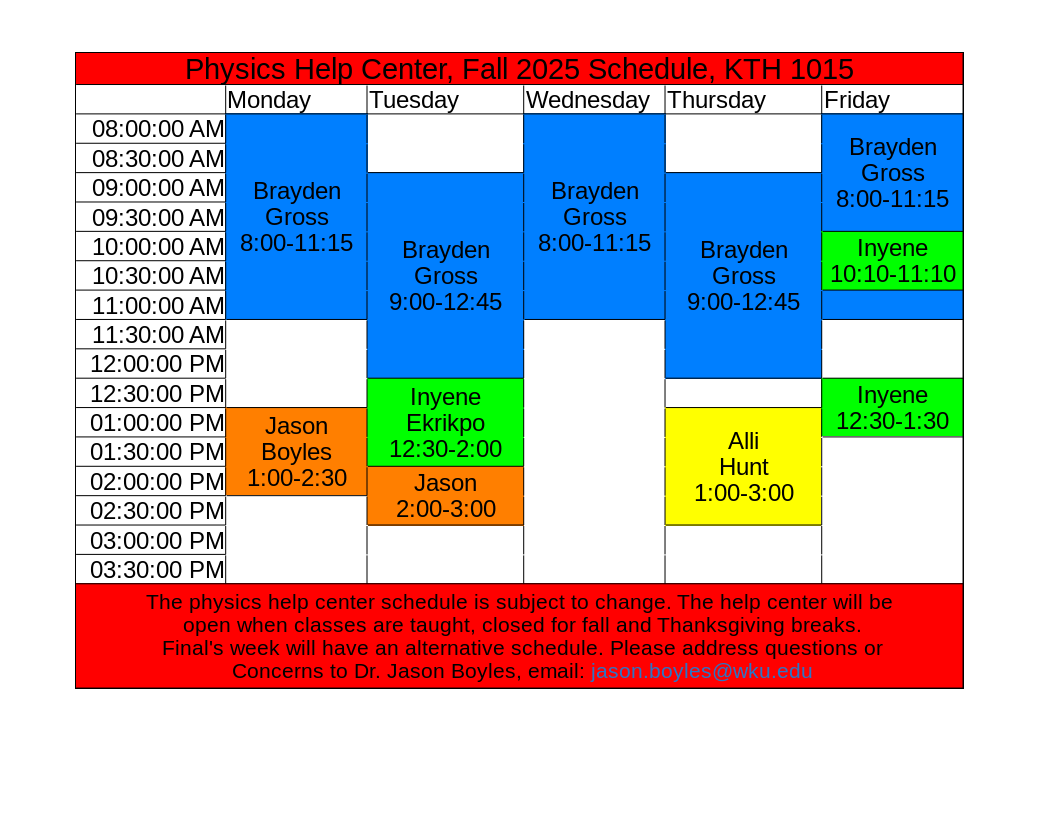 Fall 2025 Physics Help Center Schedule Fall 2025 Physics Help Center Schedule