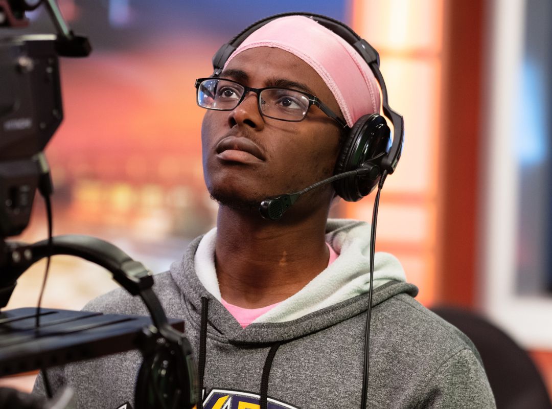 student with headset