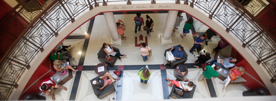 Social Work students in the lobby of Gary Ransdell Hall