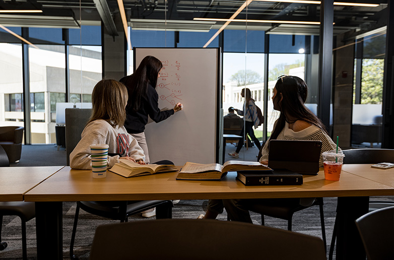 Student leading a classroom discussion in a library media room