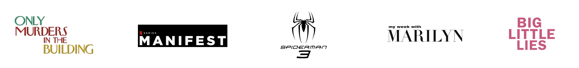 5 Alumni Performance Logo: Manifest (Netflix), Only Murders in the Building, Spiderman 3, Big Little Lies, My Week with Marilyn