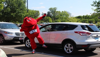 big red in parking lot